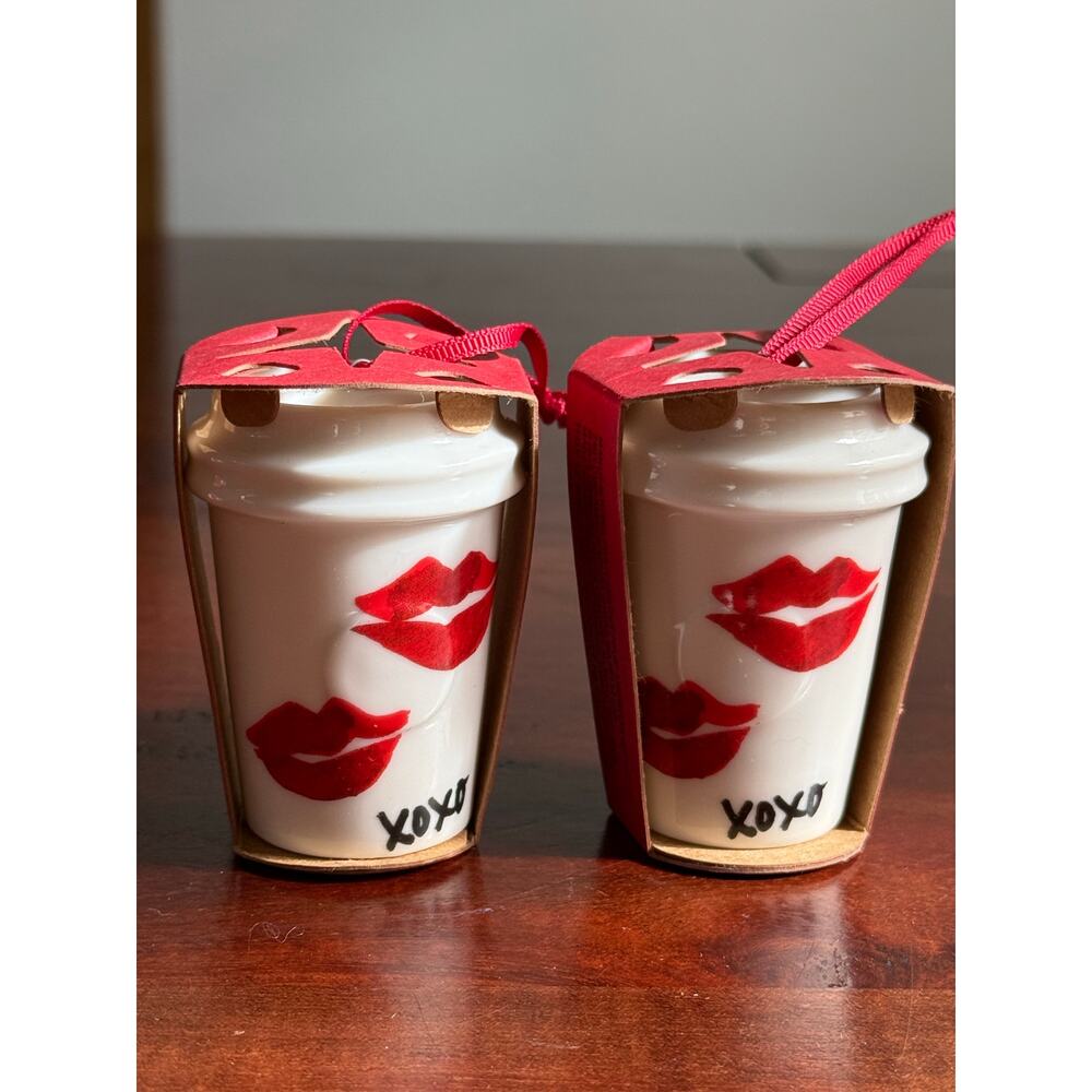 NEW 2 Starbucks XOXO Red Lips Kiss Dot Ceramic Christmas Ornament Coffee 2015